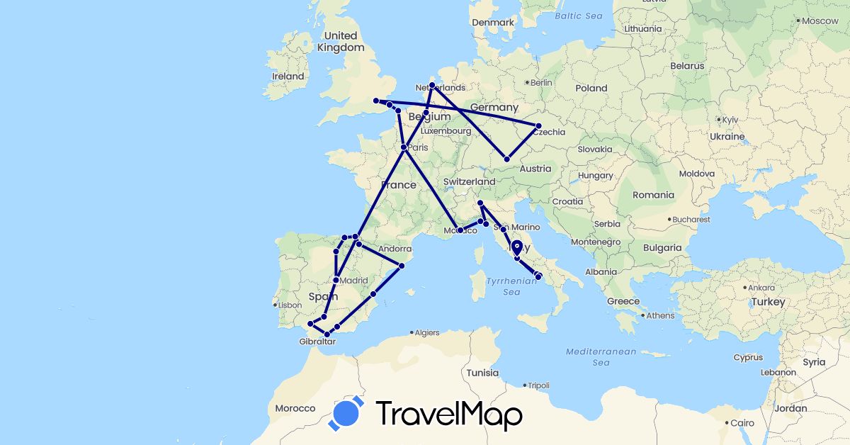 TravelMap itinerary: driving in Belgium, Czech Republic, Germany, Spain, France, United Kingdom, Italy, Monaco, Netherlands (Europe)